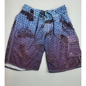 No Fear Board Shorts‎ 28 Blue AOP Fish Scale Drawstring Cargo Swim Trunks